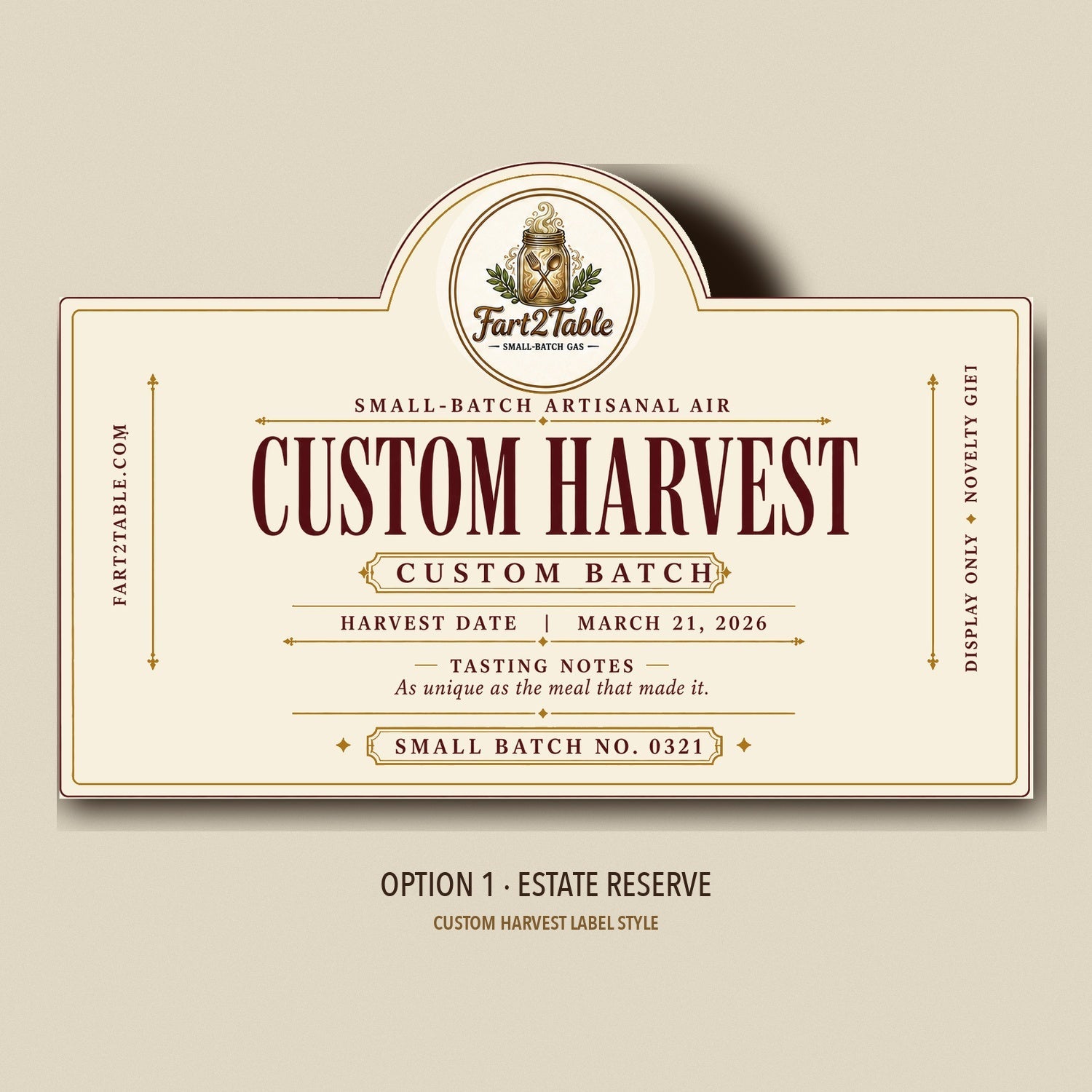 Custom Harvest label style Option 1 — Estate Reserve die-cut preview