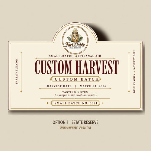 Custom Harvest label style Option 1 — Estate Reserve die-cut preview