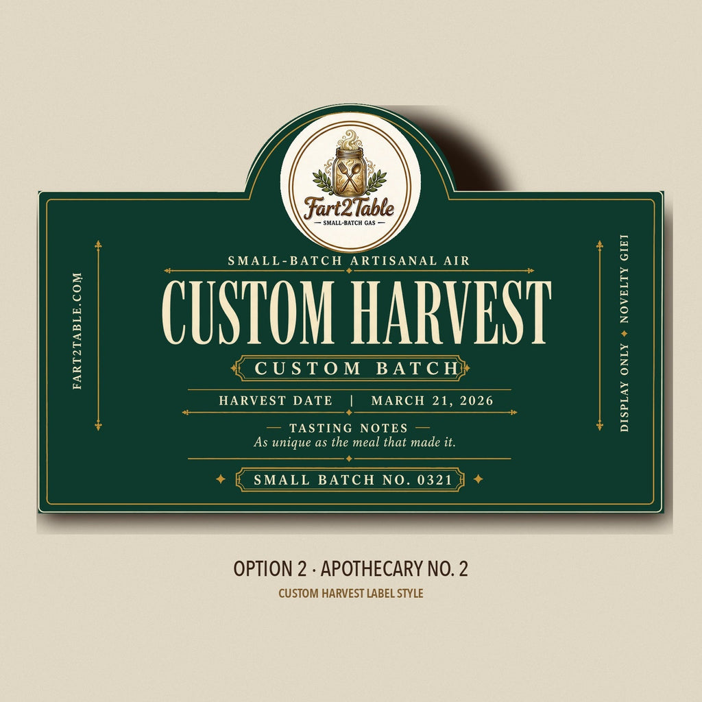 Custom Harvest label style Option 2 — Apothecary No. 2 die-cut preview