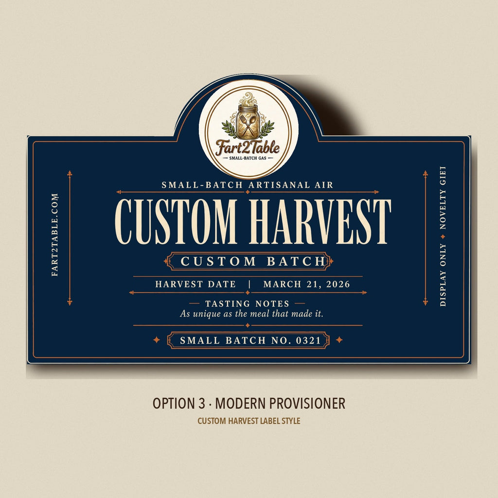 Custom Harvest label style Option 3 — Modern Provisioner die-cut preview