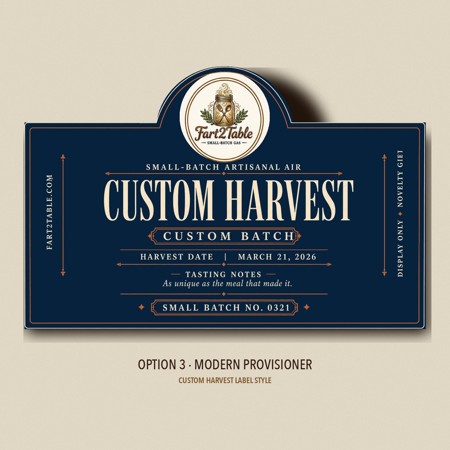 Custom Harvest label style Option 3 — Modern Provisioner die-cut preview