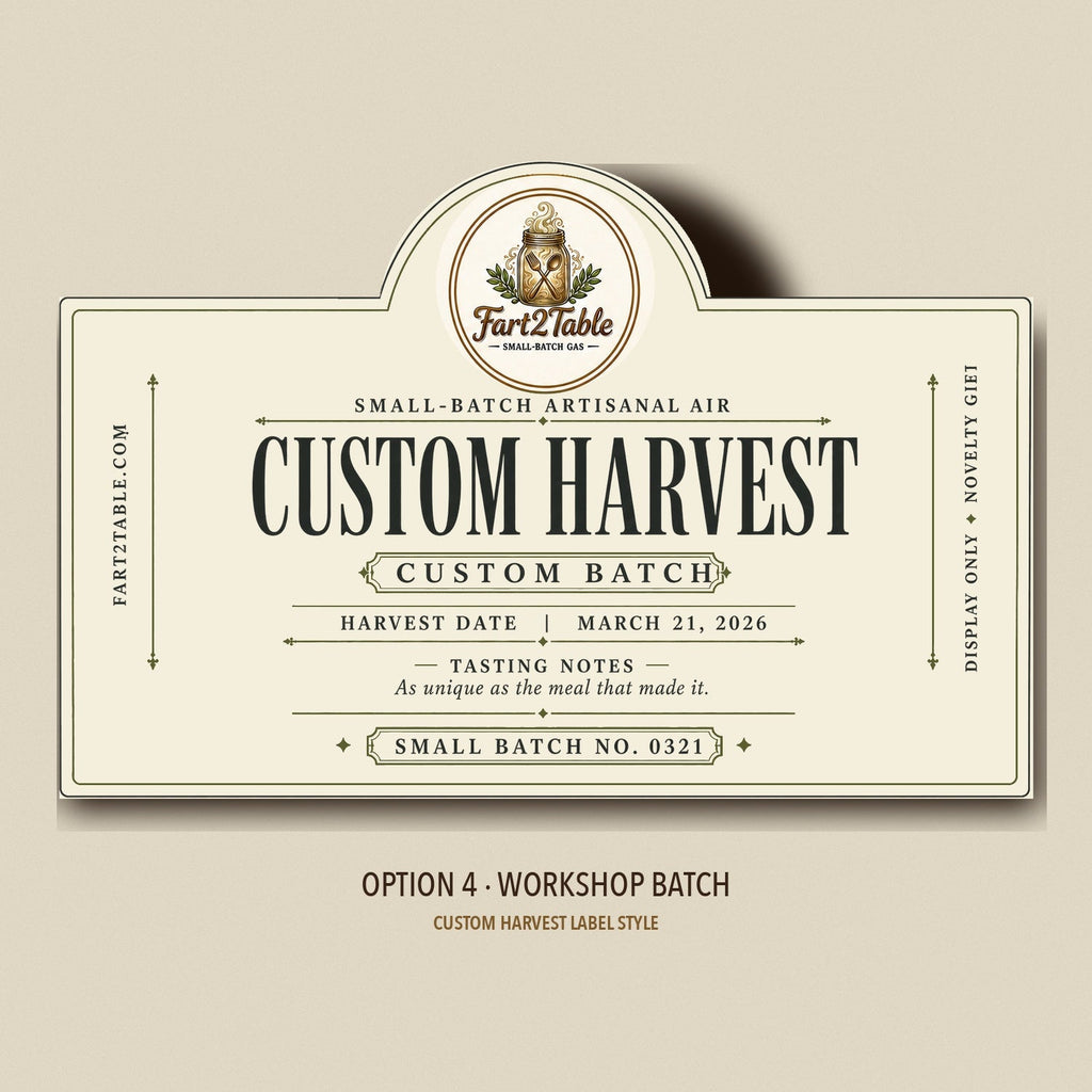 Custom Harvest label style Option 4 — Workshop Batch die-cut preview