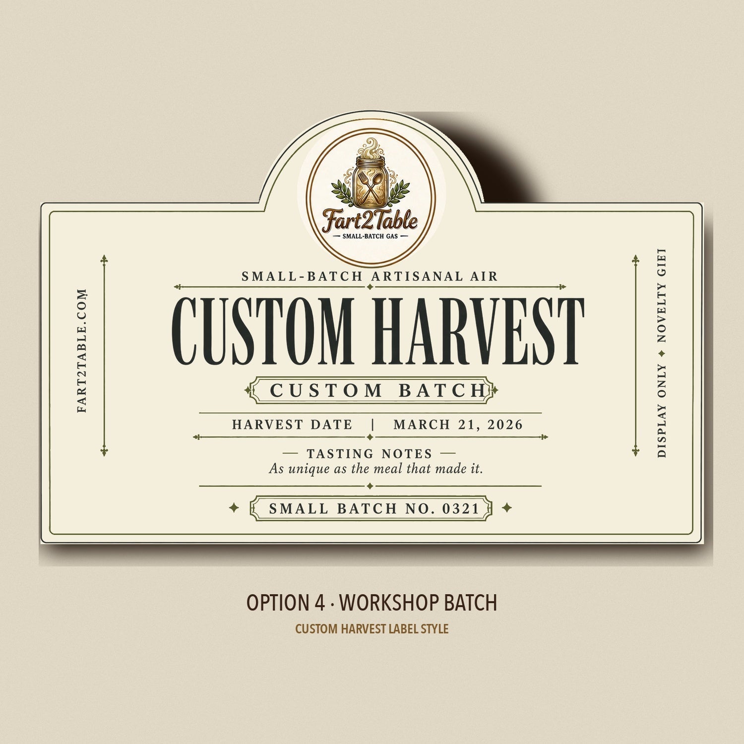 Custom Harvest label style Option 4 — Workshop Batch die-cut preview