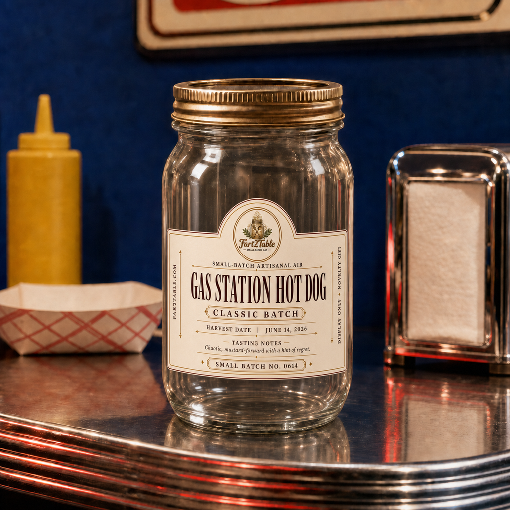 Fart2Table Gas Station Hot Dog novelty gift jar with centered die-cut label, harvested June 14, 2026