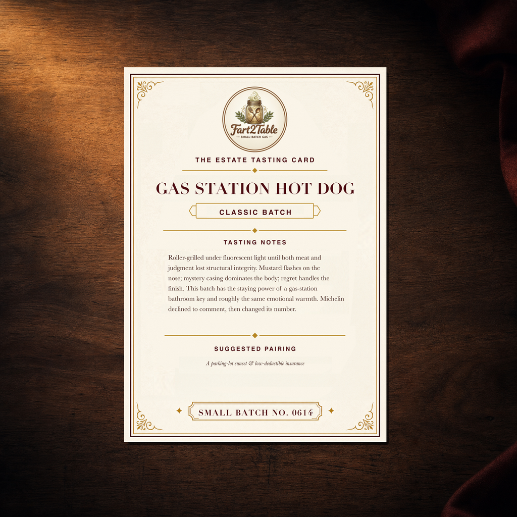 Fart2Table GAS STATION HOT DOG Estate Tasting Card with witty notes and suggested pairing