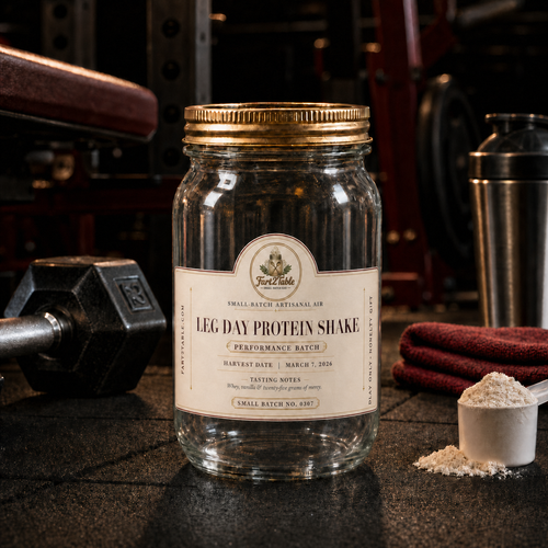 Fart2Table Leg Day Protein Shake novelty jar with corrected realistically wrapped estate label
