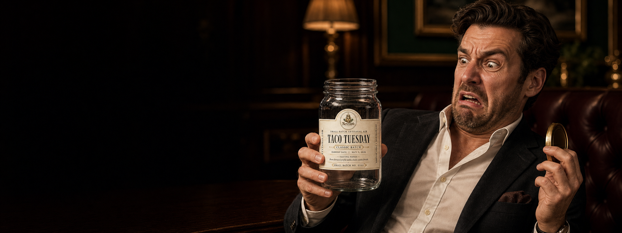 Fart2Table products banner showing a man recoiling in disgust after smelling an open Taco Tuesday novelty jar
