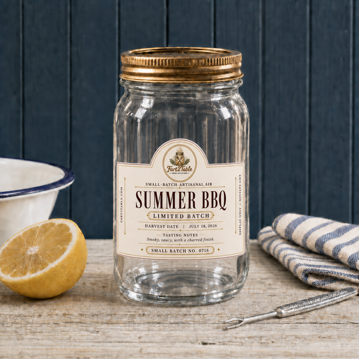Fart2Table Summer BBQ novelty gift jar with centered die-cut label, harvested July 18, 2026