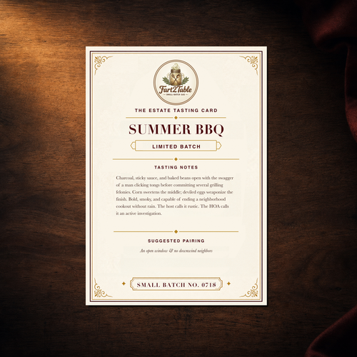 Fart2Table SUMMER BBQ Estate Tasting Card with witty notes and suggested pairing